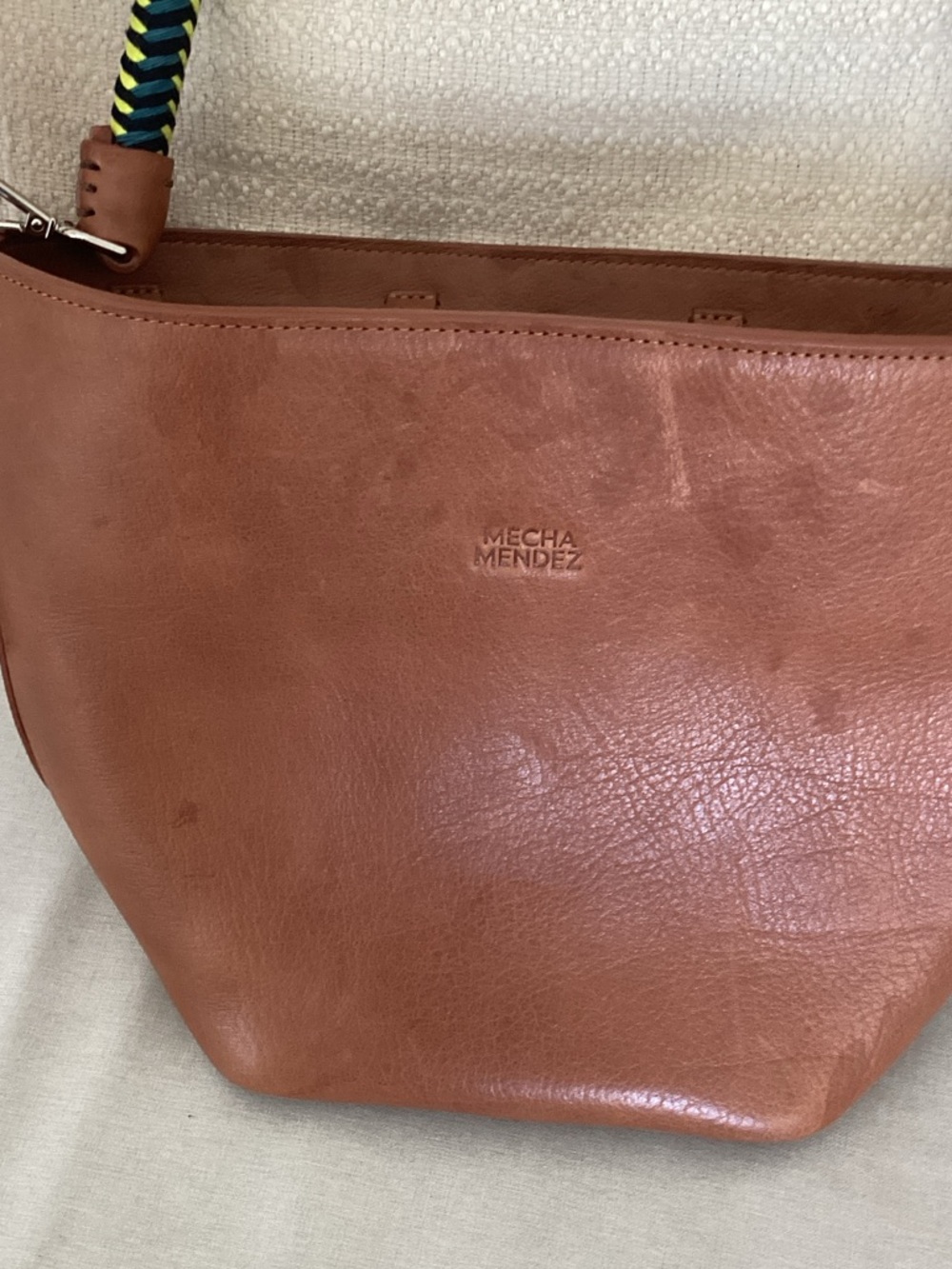 Mecha Mendez Cognac Leather Shoulder Bag with Braided Navy & Neon Handle - Picture 2 of 11
